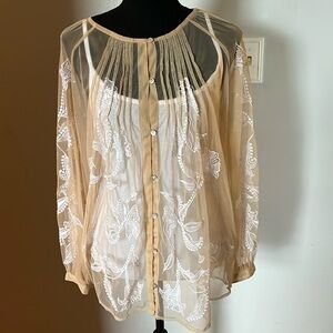 Soft Surroundings Sheer Beige Blouse with White Embroidery